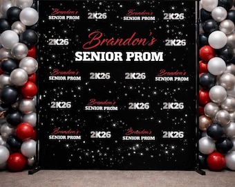 Prom Backdrop, 2026 Send Off Party Step and Repeat backdrop, Prom Backdrop Welcome Sign, Custom Printed Black and Silver Red, Prom Backdrop