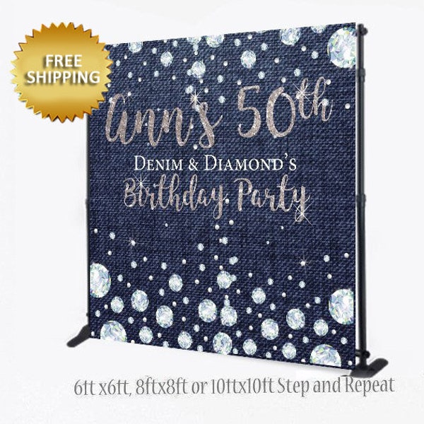 Denim and Diamonds backdrop, Denim and Diamonds Backdrop, birthday backdrop, birthday step and repeat banner, birthday banner, 50th backdrop