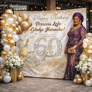May include: A woman in a purple dress stands next to a banner that says "Happy Birthday Princess Lolo Gladys Jhenacho! Cheers to 60 Years!" The banner has gold and white accents, with balloons and flowers.