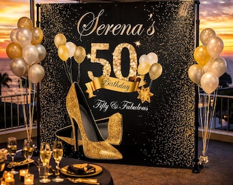 Birthday Photo backdrop 50th Step and Repeat Gold and Black Birthday banner Custom printed Sign Heels Personalized photo sign
