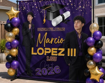 Graduation Backdrop, Graduation Step and Repeat, Trunk Party Backdrop Class of 2026 backdrop, Senior Graduation Banner, Purple and Gold sign
