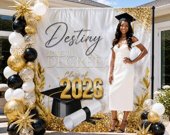 Custom Graduation backdrop, Black and gold Grad Step and Repeat, Grad Photo Banner, Graduation Photo Board, Grad sign Graduation decal