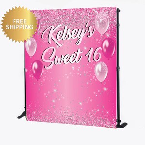 Sweet 16 backdrop, Birthday Backdrop, Hot pink backdrop, Birthday Backdrop, Balloons Backdrop, Pink Glitter Backdrop, Sweet 16 Banner