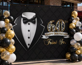 Black and Gold Birthday Backdrop, 50th Birthday Step and Repeat, Custom Photo Printed Sign, Personalized Printed Banner, Tuxedo banner