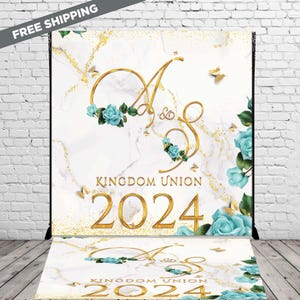 May include: A white marble backdrop with gold glitter and blue flowers. The letters "A & S" are in gold with a gold "2024" and the text "Kingdom Union" in gold.