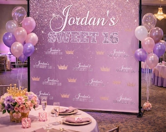 Sweet 16 Photo backdrop Lavender Step and Repeat Rose Gold Welcome Sign Princess banner Personalized Photo Sign Custom Printed sign