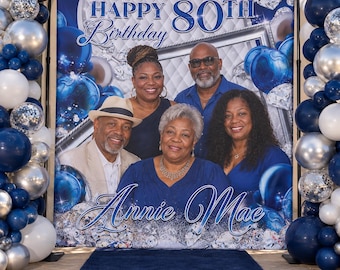 Blue and Silver Custom Photo backdrop  80th birthday Banner with photos Step and Repeat Birthday Backdrop Welcome Sign Vinyl birthday banner