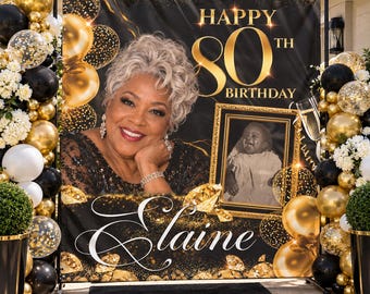 Custom Photo backdrop Custom Black and Gold banner 80th birthday sign Step and Repeat Birthday Backdrop Welcome Sign Vinyl birthday banner