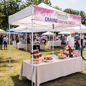 May include: A white tent at an outdoor market with a sign that reads "Heavenly Cravings, Craving Something Sweet?" Jars of preserves, baked goods, and fresh berries are displayed on a table covered with a beige tablecloth. People are browsing the market.