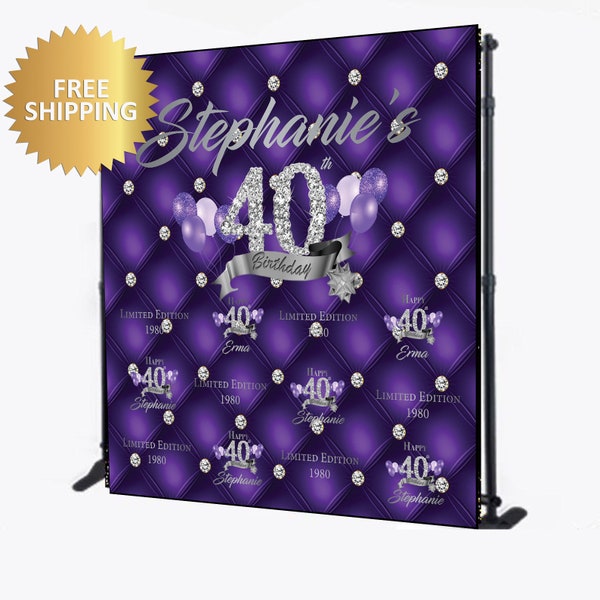 40th Birthday backdrop, 40 and fabulous backdrop, Birthday backdrop, purple and silver backdrop, bling backdrop, 21st birthday backdrop