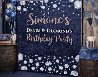 Denim and Diamonds backdrop Pearls photo birthday banner Birthday Step and Repeat Jeans Theme Backdrop Personalized printed sign
