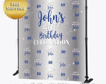 Blue and Silver Photo booth, Step and Repeat, Step and repeat backdrop, 50th Back drop, Happy Birthday backdrop, 30th Birthday Backdrop