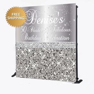Birthday backdrop, Silver backdrop, Silver Birthday step repeat, 50th Birthday Backdrop, Birthday Banner, 8x8 custom backdrop,50th backdrop