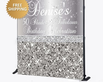Birthday backdrop, Silver backdrop, Silver Birthday step repeat, 50th Birthday Backdrop, Birthday Banner, 8x8 custom backdrop,50th backdrop