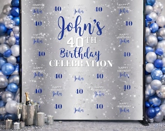 Custom Blue and Silver Photo Backdrop Birthday photo step and repeat Photo booth photo banner 50th backdrop Custom printed sign personalized