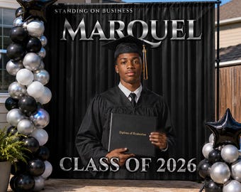 Black and Silver Graduation backdrop, Graduation Step and Repeat, Grad photo board Sign, Grad Welcome Sign, Graduation Decal
