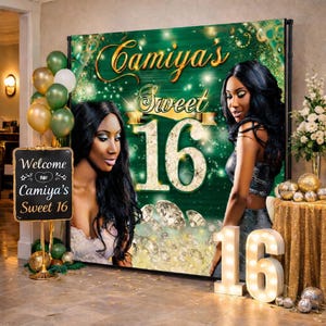 Sweet Birthday Photo backdrop Quinceanera Step and Repeat Quince banner Sweet 15 Welcome Sign Green Gold Custom Printed Personalized banner