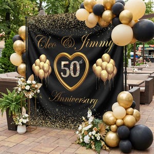 Anniversary Photo backdrop Wedding Step repeat Engagement Photo Backdrop Black and Gold Anniversary Banner Printed Sign Anniversary 50th