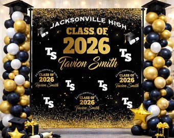 Graduation Backdrop Grad Photo Step and Repeat Grad Welcome Sign Class of 2026 Black and Gold Banner Custom Photo Printed Personalization