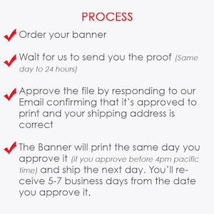 Puede incluir: Una lista de verificaci&oacute;n que describe el proceso para pedir una pancarta. Los pasos incluyen pedir la pancarta, esperar una prueba, aprobar la prueba y recibir la pancarta. El texto menciona que la pancarta se imprimir&aacute; el mismo d&iacute;a que se apruebe si la aprobaci&oacute;n es antes de las 4 pm, hora del Pac&iacute;fico.