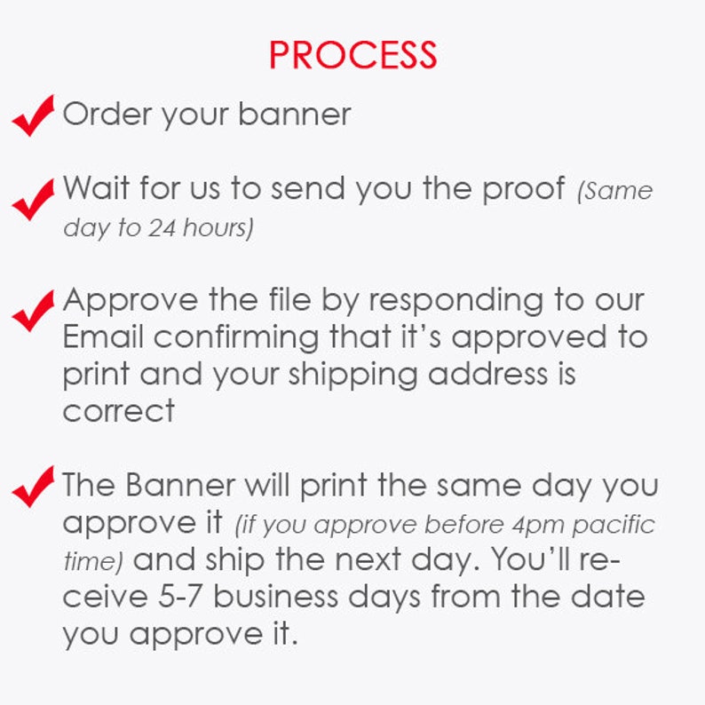 Puede incluir: Una lista de verificaci&oacute;n que describe el proceso para pedir una pancarta. Los pasos incluyen pedir la pancarta, esperar una prueba, aprobar la prueba y recibir la pancarta. El texto menciona que la pancarta se imprimir&aacute; el mismo d&iacute;a que se apruebe si la aprobaci&oacute;n es antes de las 4 pm, hora del Pac&iacute;fico.
