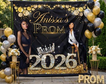 Prom backdrop, Photo step and repeat, Prom Photo backdrop, Prom photo board, Black and Gold backdrop, Prom send off banner