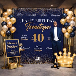 Custom 40th Birthday Photo Backdrop 50th Step and Repeat Blue and Gold Birthday Welcome Sign Retirement Photo Backdrop Personalized Banner