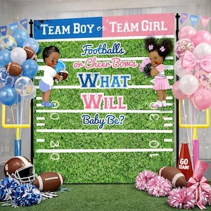 Team boy team girl backdrop Gender reveal Step and Repeat Touchdowns or Tutus backdrop Footballs or cheer bows banner Custom Photo Sign