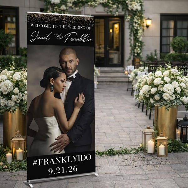 Wedding Retractable Anniversary Banner Backdrop with Stand Wedding Welcome Sign Wedding Guest Book Sign Wedding Retractable stand Roll Up