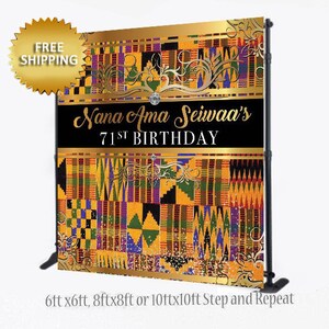 May include: A gold and black backdrop with a colorful African print pattern. The text "Nana Ama Seiwaa's 71st Birthday" is written in gold lettering on a black banner. The backdrop is available in 6ft x 6ft, 8ft x 8ft, or 10ft x 10ft sizes.