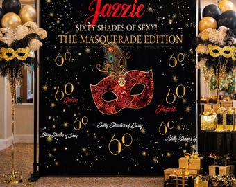 Masquerade Photo Backdrop Mardi Gras Birthday Step and Repeat Red and Gold Mask Banner Sweet 16 Masquerade Welcome Sign Personalized