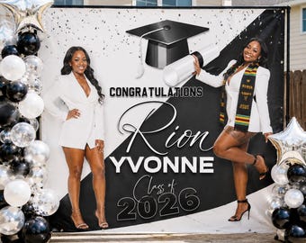 Graduation Photo Backdrop, Grad Step and Repeat, Class of 2026 backdrop, Senior Graduation Banner, Trunk Party Backdrop, White and Black