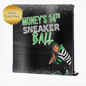 Sneaker ball backdrop, sneaker ball step and backdrop, photo backdrop, photo step and repeat backdrop, 16th birthday backdrop, money banner
