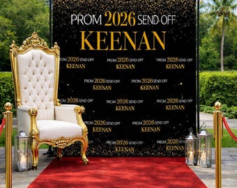 Custom Prom send off backdrop, Black and Gold Prom Step and Repeat, Champagne Party backdrop, Welcome Sign,  2026 Senior Prom backdrop