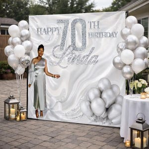 70th Birthday Photo Backdrop Custom Printer Banner Silver Birthday Sign 70th step and repeat 50th Birthday Party Personalized Photo Sign