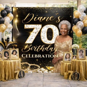 Custom Photo 70th Birthday Backdrop Retirement Step and Repeat Custom Photo Sign Personalized Photo banner Black and Gold Welcome Sign