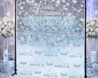 Sweet 16 Backdrop Birthday Photo Backdrop Winter Wonderland Sweet 16 Party Princess Blue and Silver banner Personalized printed sign