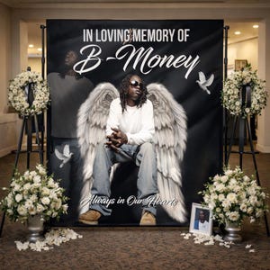 Funeral Backdrop Memorial banner Heaven Sent Step and Repeat In Loving Memory Welcome Sign Repast Decor items Funeral guest book Custom Sign