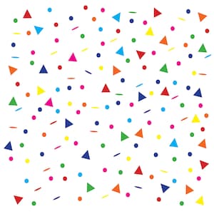 Peut inclure: Un fond blanc est recouvert d'un motif de formes colorées. Les formes comprennent des triangles, des cercles et de courtes lignes rouges, orange, jaunes, vertes, bleues et roses, dispersés sur l'image.
