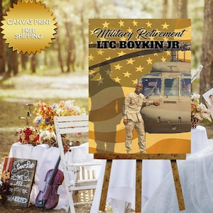 May include: A canvas print celebrating a military retirement. The print shows a soldier in uniform standing in front of a helicopter with an American flag background. The text "Military Retirement LTC BOYKIN JR." is displayed at the top of the print.