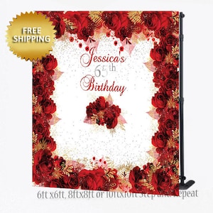 May include: Red rose floral backdrop with gold glitter accents. The text "Jessica's 65th Birthday" is written in silver glitter font.