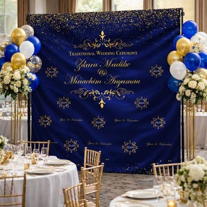 Wedding backdrop She Said Yes Step and Repeat 50th Birthday Backdrop blue and gold backdrop Engagement Welcome Sign Wedding Personalize sign