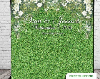 Grass Wall Photo Backdrop Rustic Wedding banner Floral Engagement Welcome Sign White Flowers Rustic wedding Backdrop She Said Yes Sign