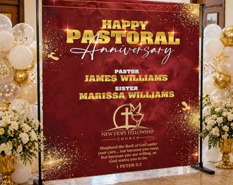 Custom Pastoral Anniversary Backdrop, Red and Gold Pastor Appreciation Step and Repeat, Pastoral Appreciation Celebration Photo Background