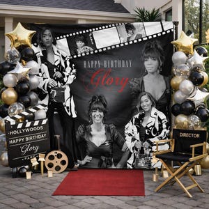 Red Carpet Hollywood Birthday Photo Backdrop 50th Birthday Step and Repeat Red Carpet with stand Movie Reel Banner Birthday Welcome sign