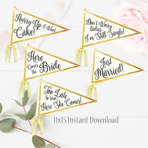 May include: A collection of ivory pennant flags with gold trim and black calligraphy text. Phrases include "Hurry Up, I Want Cake!", "Don't Worry ladies, I'm Still Single!", "Here Comes the Bride", "Just Married!", and "Too Late to run... Here She Comes!"
