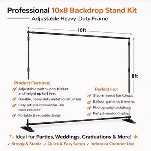 May include: Professional 10x8 backdrop stand kit with an adjustable heavy-duty frame. The stand's width adjusts up to 10 feet, and the height adjusts up to 8 feet. It is durable, easy to set up, and portable. Ideal for parties, weddings, and graduations.