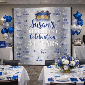 Retirement Step and Repeat Cheers to 30 Years Backdrop Hello Pension banner Custom Printed Sign Retirement Backdrop Blue and Silver Sign