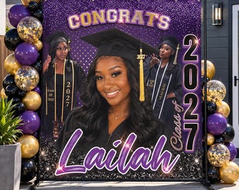 Black and Purple Graduation backdrop Graduation Step and Repeat Grad photo board Sign Graduation Decal Grad Welcome Sign