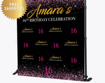 Sweet 16 step and Repeat backdrop, Sweet 16 backdrop, Birthday step and repeat backdrop, Sweet 16 banner, Pink gold backdrop, sweet 16 sign